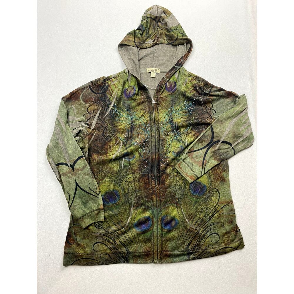 Energe by One World Peacock Feather Full Zip Hoodie Jacket Womens 1X Green Print